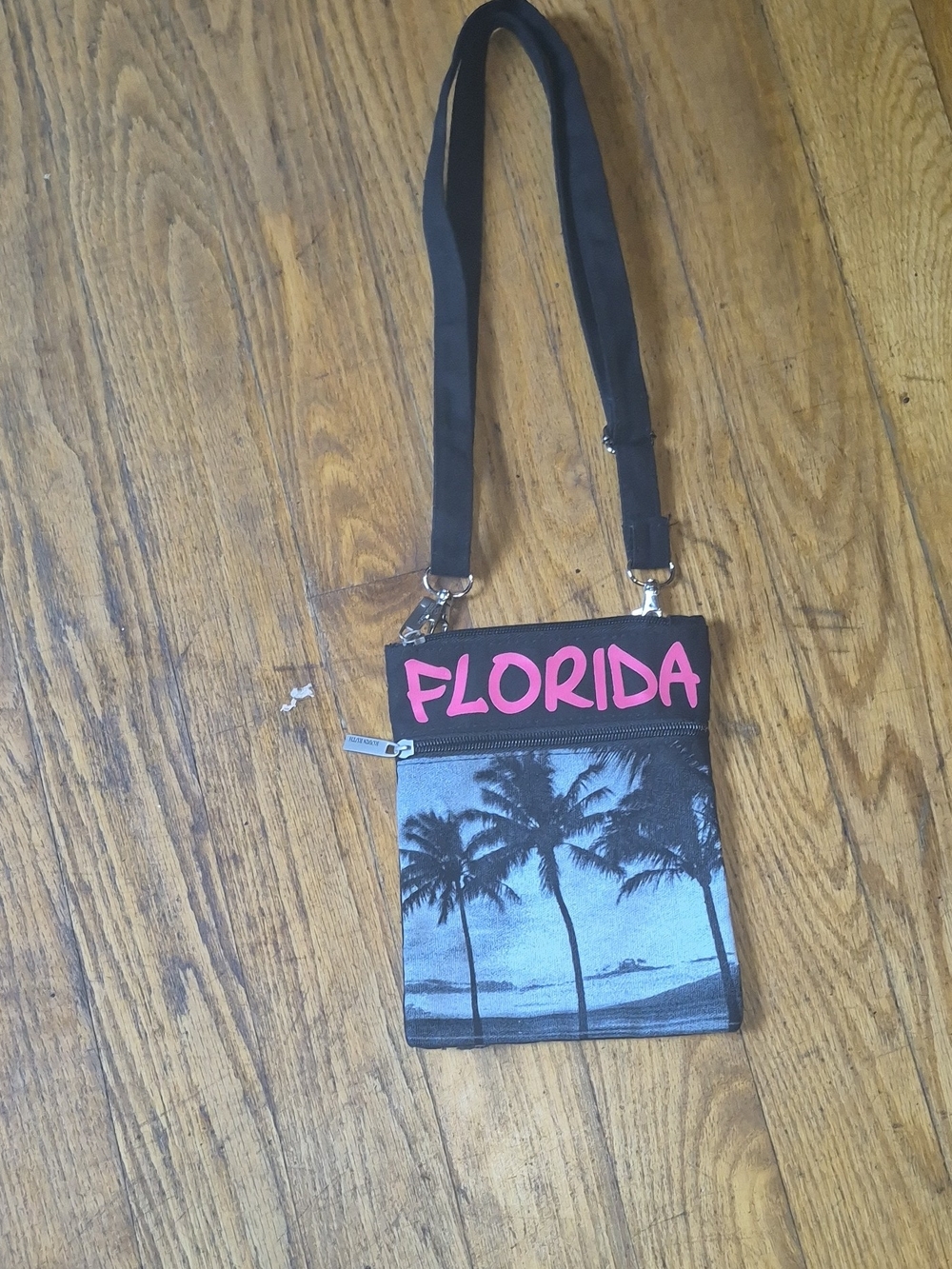 Ruth And Robin Florida Crossbody Bag in Black with Pink Script